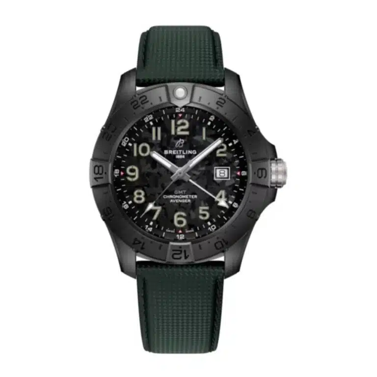 Breitling Avenger Automatic GMT Night Mission S32320101B1X1 44mm Black-Camouflage Dial Uni-directional Rotating Bezel Ceramic With Green Calfskin Leather Strap Watch