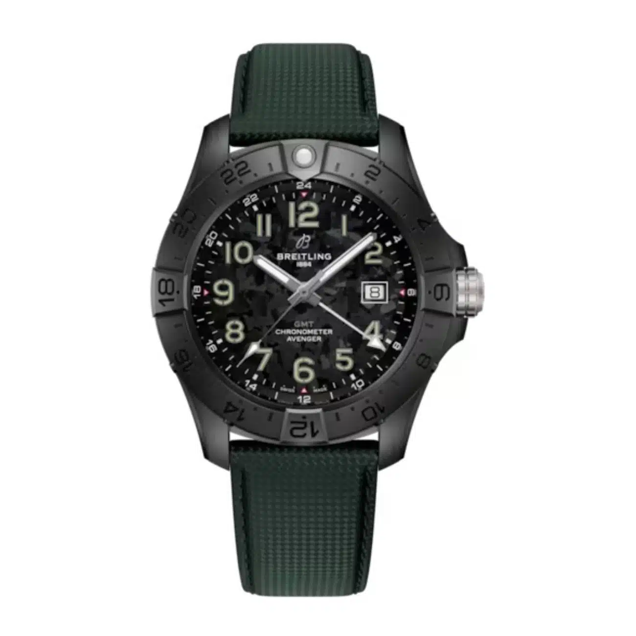 Breitling Avenger Automatic GMT Night Mission S32320101B1X1 44mm Black-Camouflage Dial Uni-directional Rotating Bezel Ceramic With Green Calfskin Leather Strap Watch