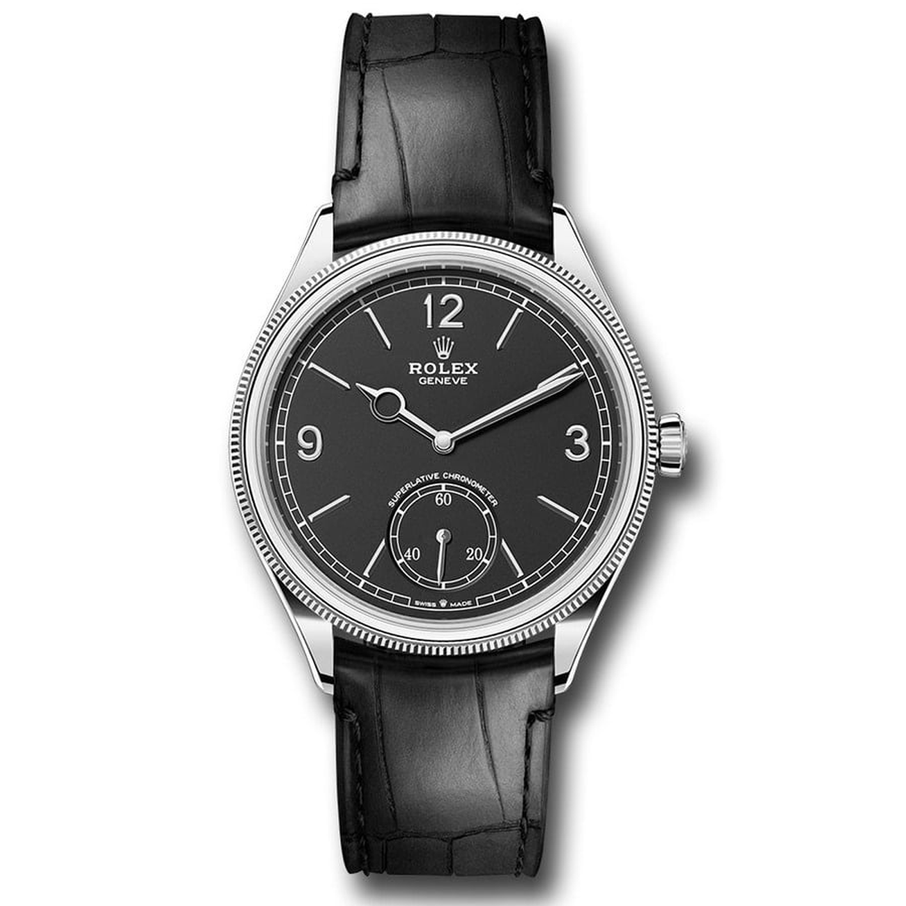 Rolex White Gold 1908 Alligator Leather Strap Domed And Fluted Bezel 52509 Black Index Arabic Dial Watch 2024