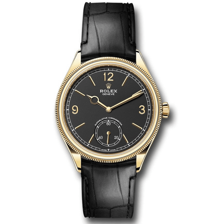 Rolex Yellow Gold 1908 Watch 52508-0002 Fluted Bezel Black Index Arabic Dial Alligator Leather Strap 2024