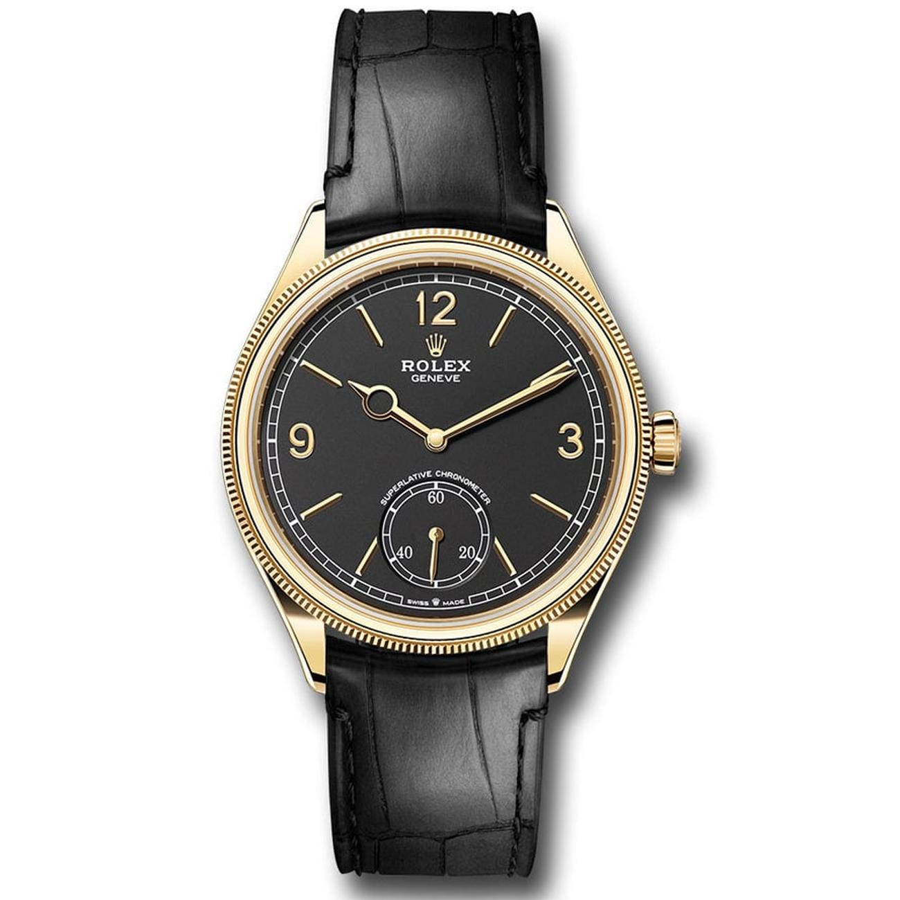 Rolex Yellow Gold 1908 Watch 52508 Fluted Bezel Black Index Arabic Dial Alligator Leather Strap 2024