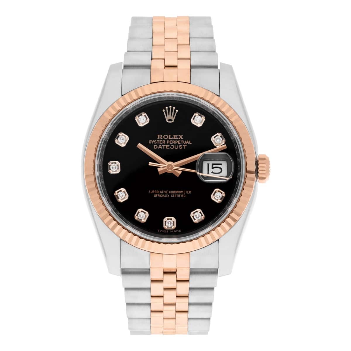rolex-datejust-116231-black-diamond-dial Rolex Datejust 36mm 116231 Black Diamond Dial Rose Gold & Stainless Steel Watch