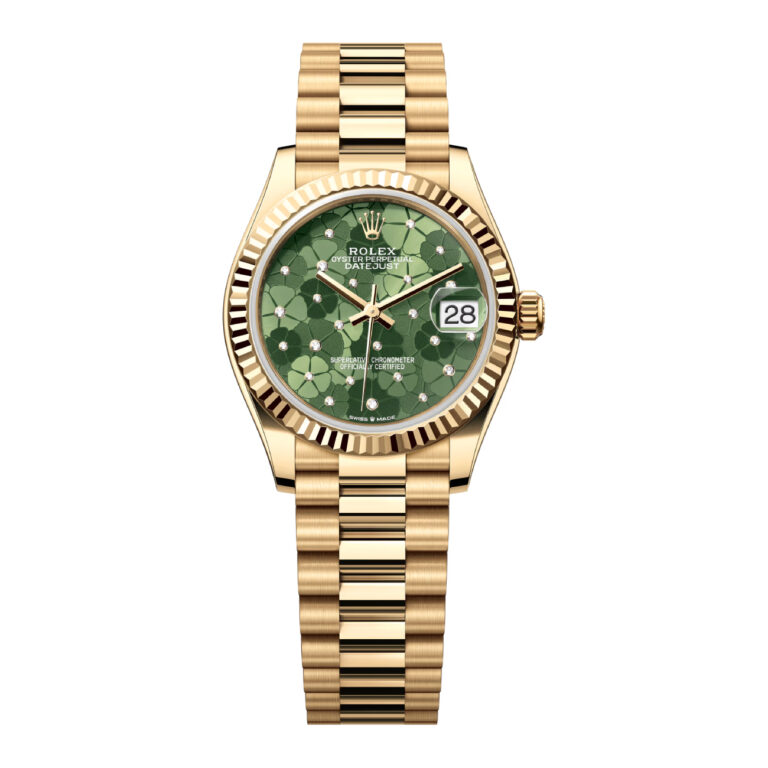 Rolex Datejust 31 Watch 278278-0046 Yellow Gold Fluted Bezel Green Floral Diamond President Bracelet 2024