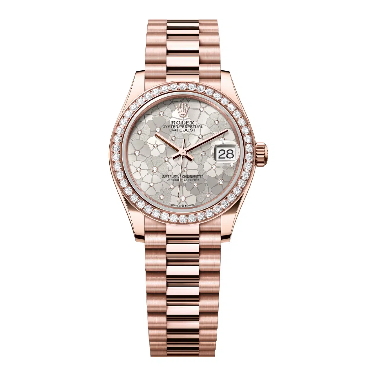 Rolex Datejust 31mm 278285rbr-0036 President Rose Gold Watch with Diamond Bezel Silver Floral Dial 2024