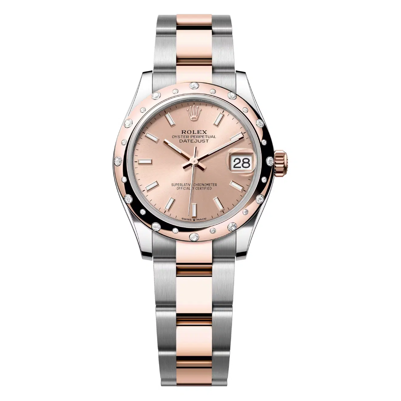 Rolex 31mm Datejust 278341RBR-0009 Oyster Pink Index Dial Scattered Diamond Bezel Stainless Steel & Rose Gold Watch