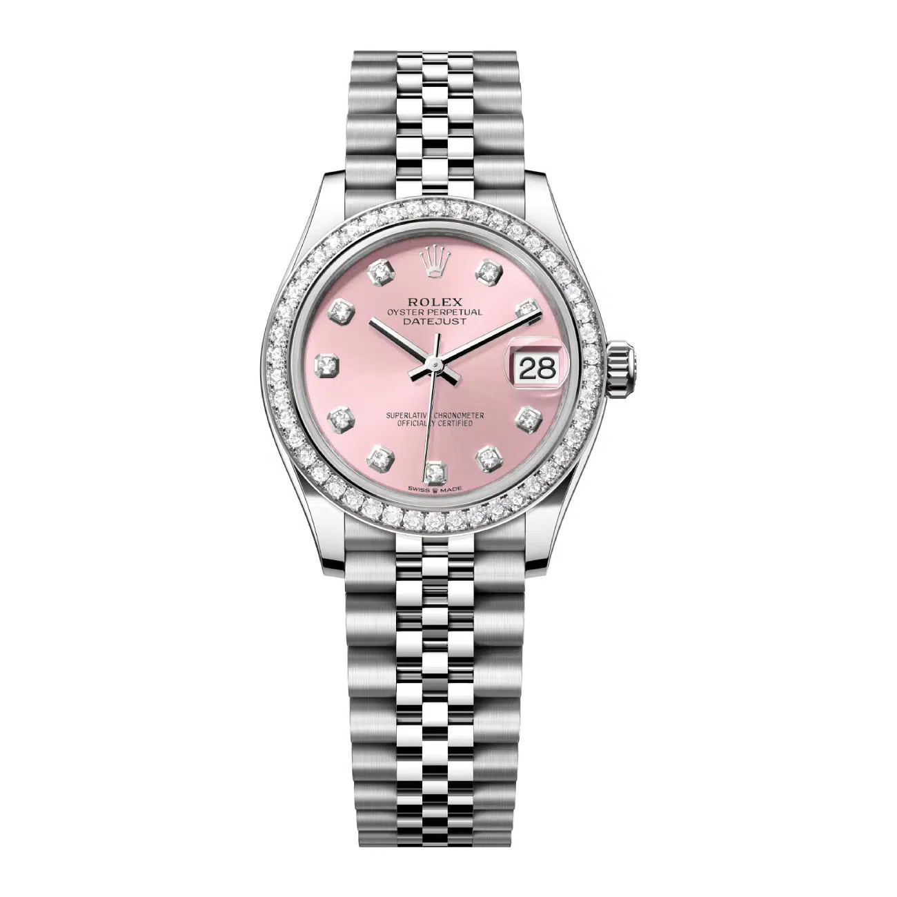 Rolex Steel and White Gold Datejust 31 Watch 278384rbr-0036 Diamond Bezel Pink Diamond Dial Jubilee Bracelet