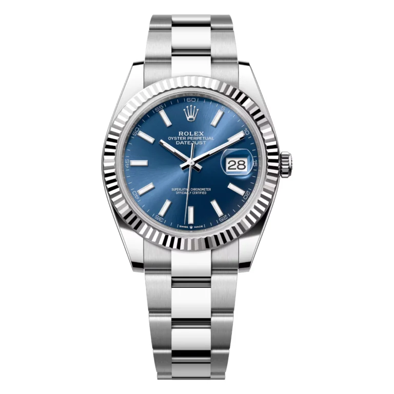 Rolex Steel and White Gold Rolesor Datejust 41 Watch Fluted Bezel 126334-0001 Blue Index Dial Oyster Bracelet
