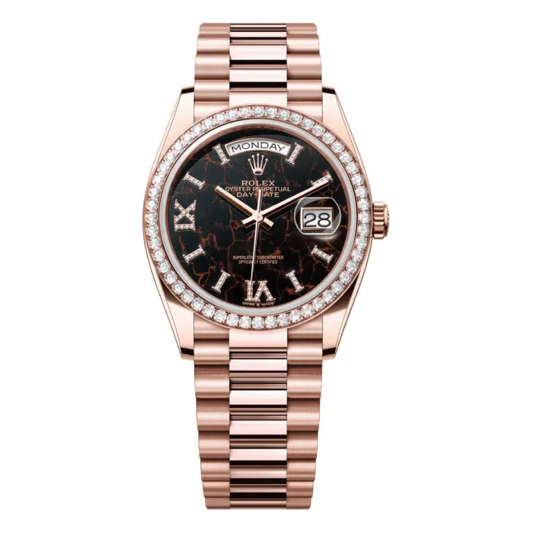 Rolex Day-Date 128345rbr-0044 36mm Eisenkiesel Dial Rose Gold with Diamond Bezel
