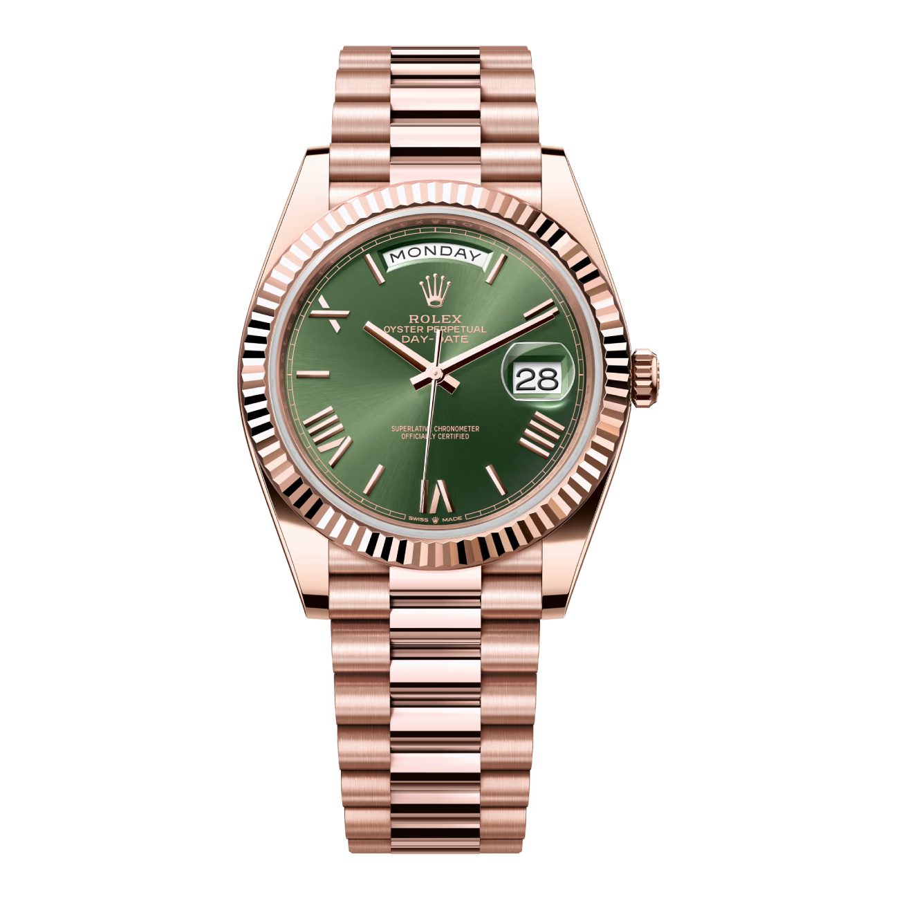 Rolex Day-Date 228235-0025 40 Fluted Bezel Green Bevelled Roman Dial President Bracelet Rose Gold Watch 2025