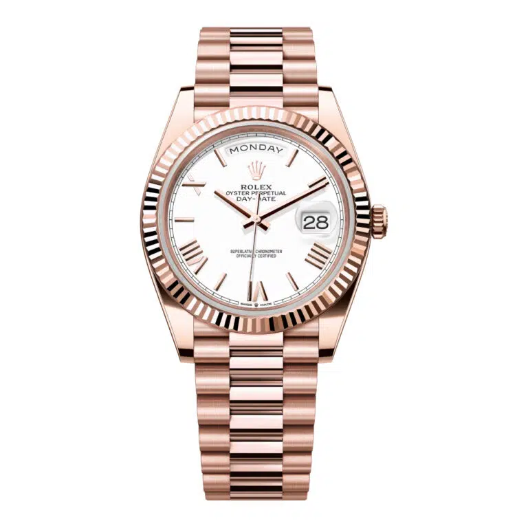 Rolex Day-Date 40 Rose Gold Fluted Bezel 228235-0032 White Bevelled Roman Dial President Bracelet