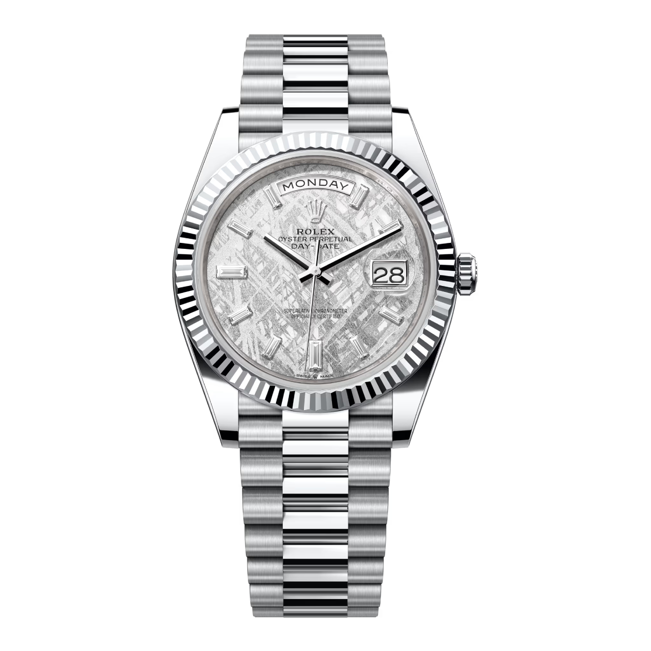 Rolex Platinum Day-Date 40 Watch 228236-0011 Fluted Bezel Meteorite Baguette-cut Diamond Dial President Bracelet 2024
