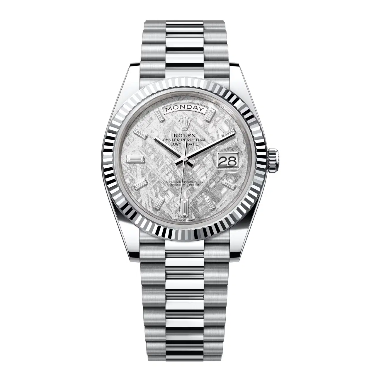 Rolex Platinum Day-Date 40 Watch 228236-0011 Fluted Bezel Meteorite Baguette-cut Diamond Dial President Bracelet 2024