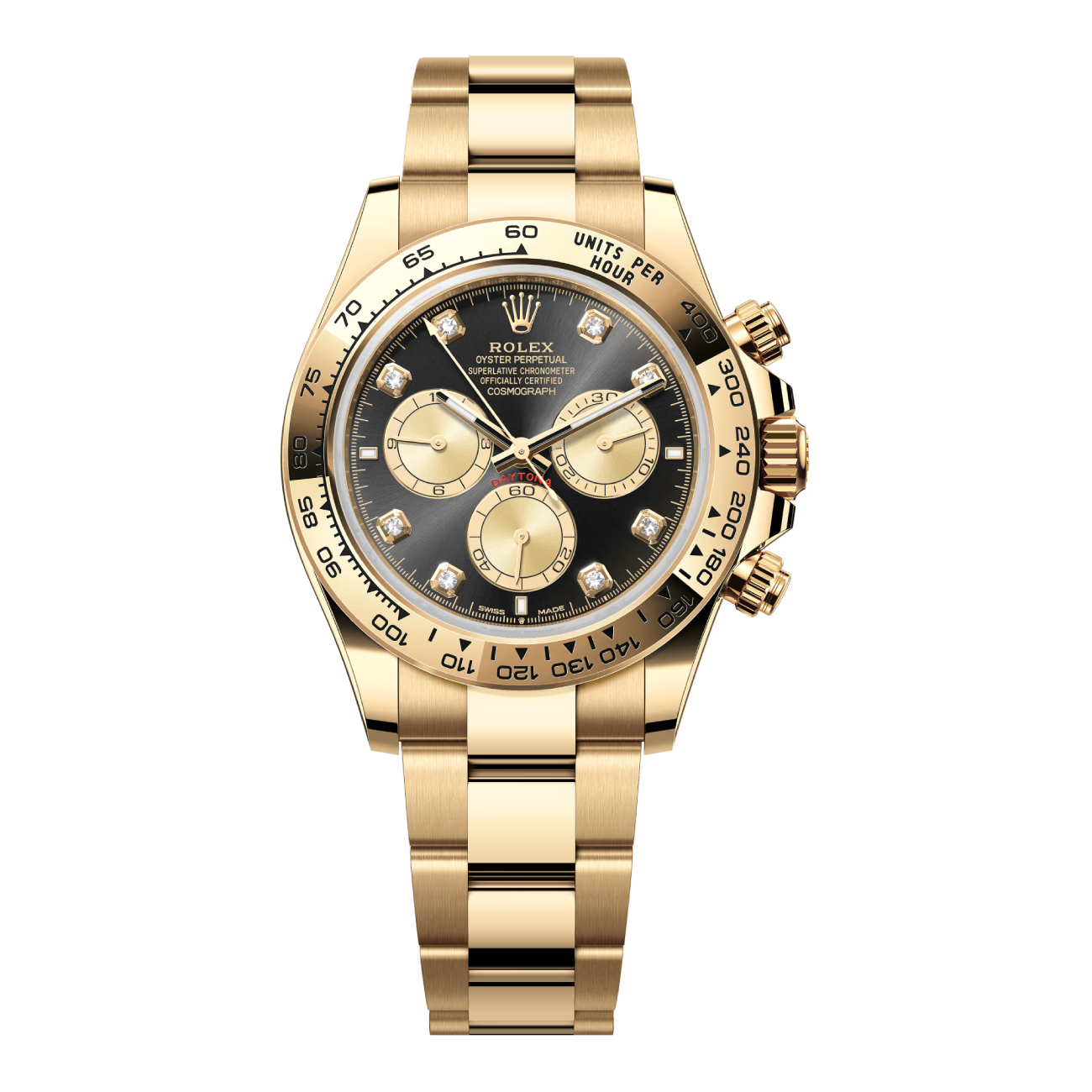 Rolex Cosmograph Daytona Yellow Gold Fixed Bezel 126508-0003 Black Diamond Dial Oyster Bracelet 2024