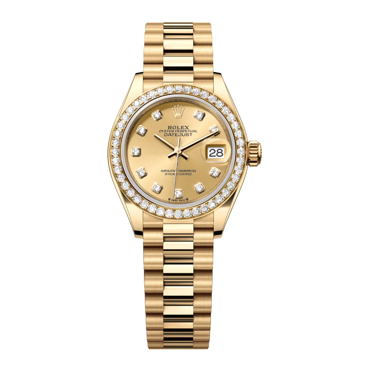 Rolex Yellow Gold Lady-Datejust 28 Watch 279138rbr-0023 Diamond Bezel Champagne Diamond Dial President Bracelet 2024