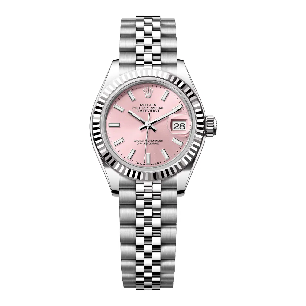 Rolex Steel and White Gold Rolesor Lady-Datejust 28 Watch 279174-0001 Fluted Bezel Pink Index Dial Jubilee Bracelet 2024