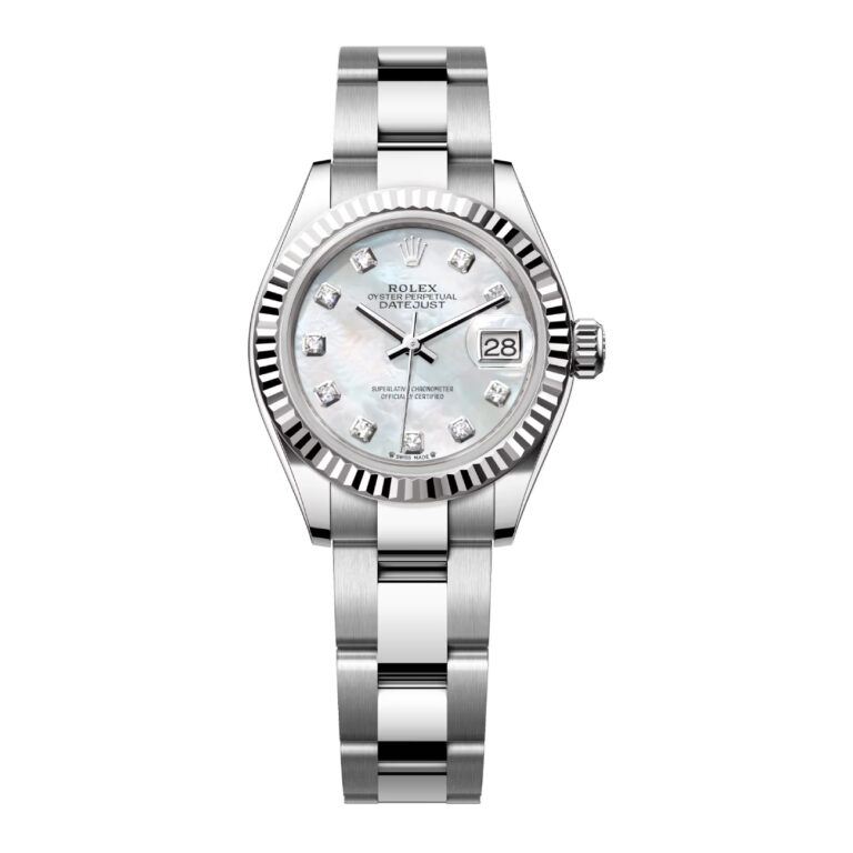 Rolex Lady-Datejust 28 279174-0010 Fluted Bezel White Mother-Of-Pearl Diamond Dial Steel and White Gold Watch – Oyster