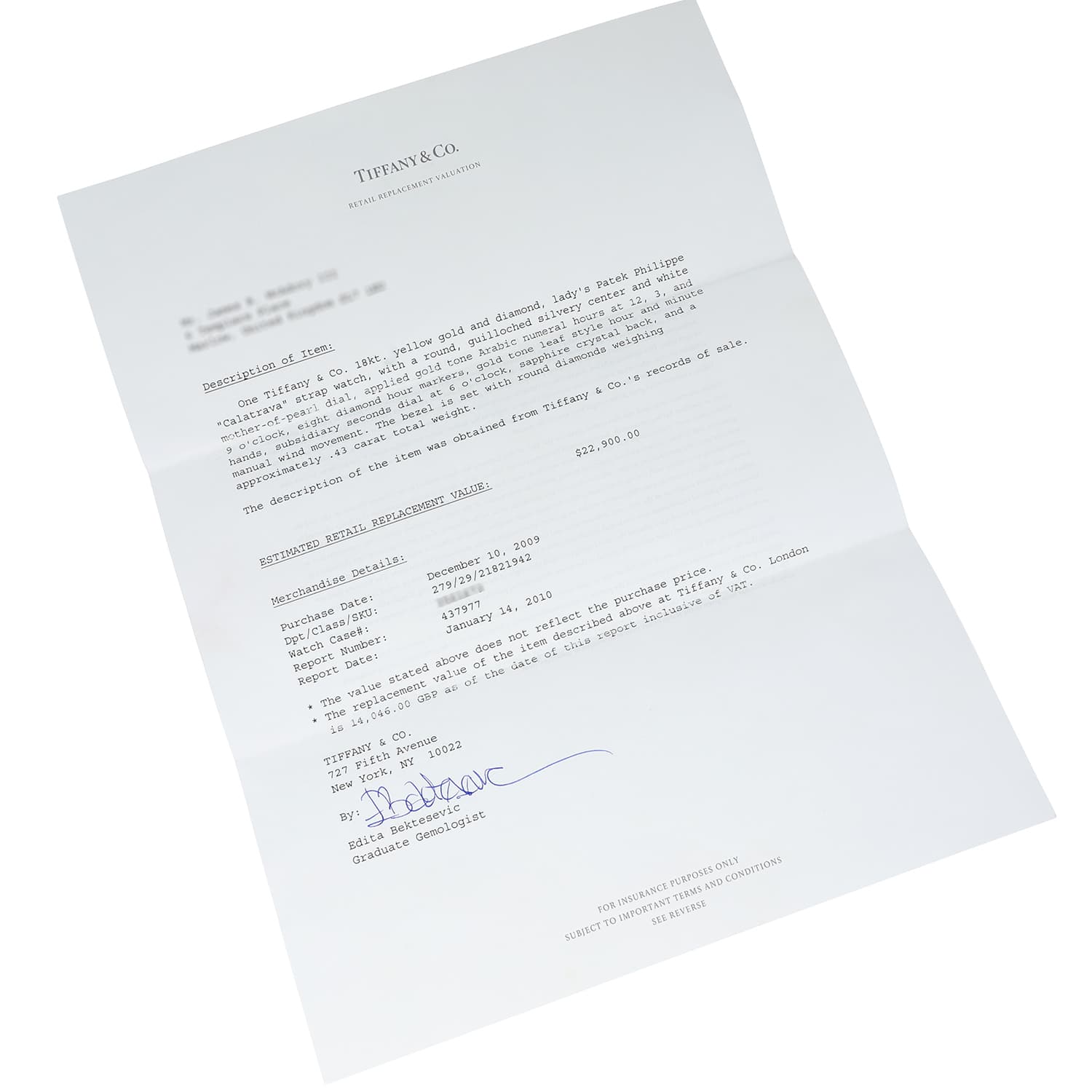 Patek Philippe Calatrava Yellow Gold 4959J-001 Mother Of Pearl Diamond Dial Tiffany