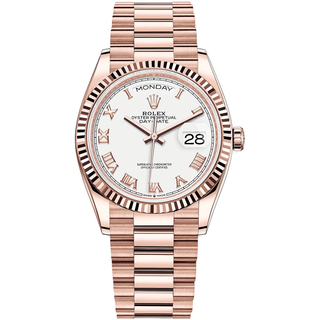 Rolex Day-Date 128235-0070 36mm White Roman Dial Rose Gold Watch 2024
