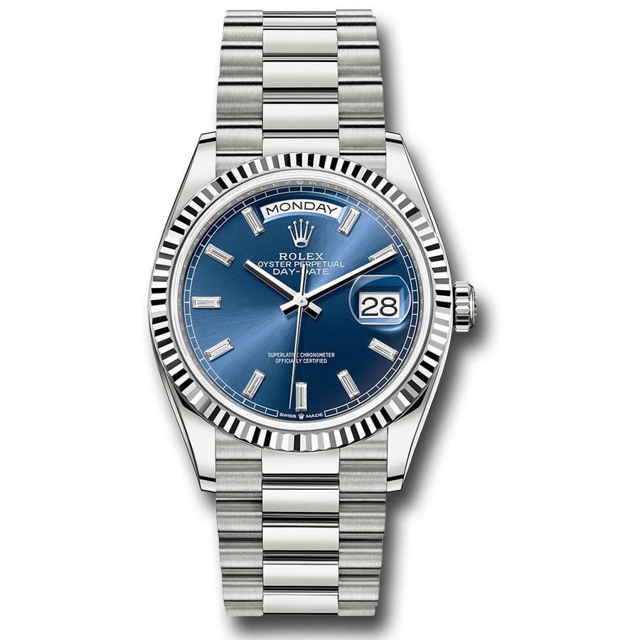 Rolex White Gold Day-Date 36 Watch Fluted Bezel 128239-0069 Blue Baguette Dial President Bracelet 2024