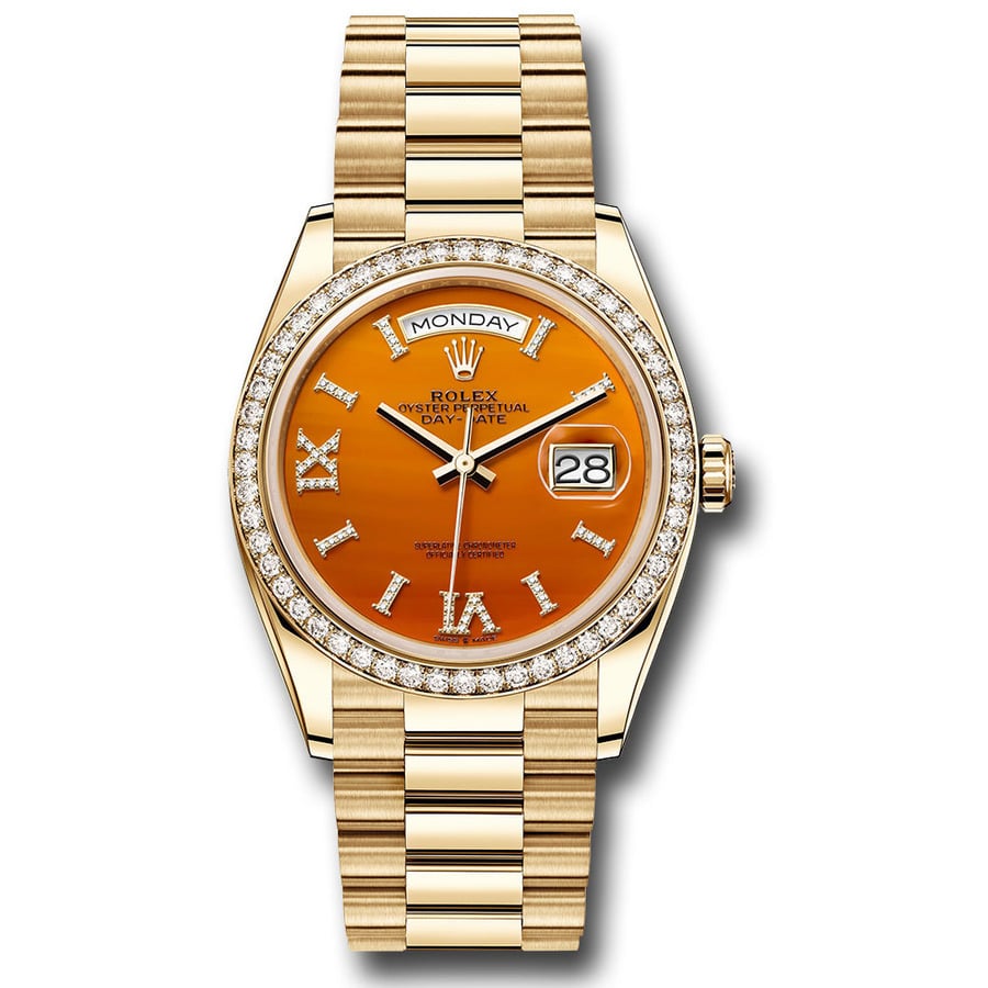 Rolex 36MM Day Date 128348RBR-0049 President Yellow Gold with Diamond Bezel Watch Carnelian Dial 2024
