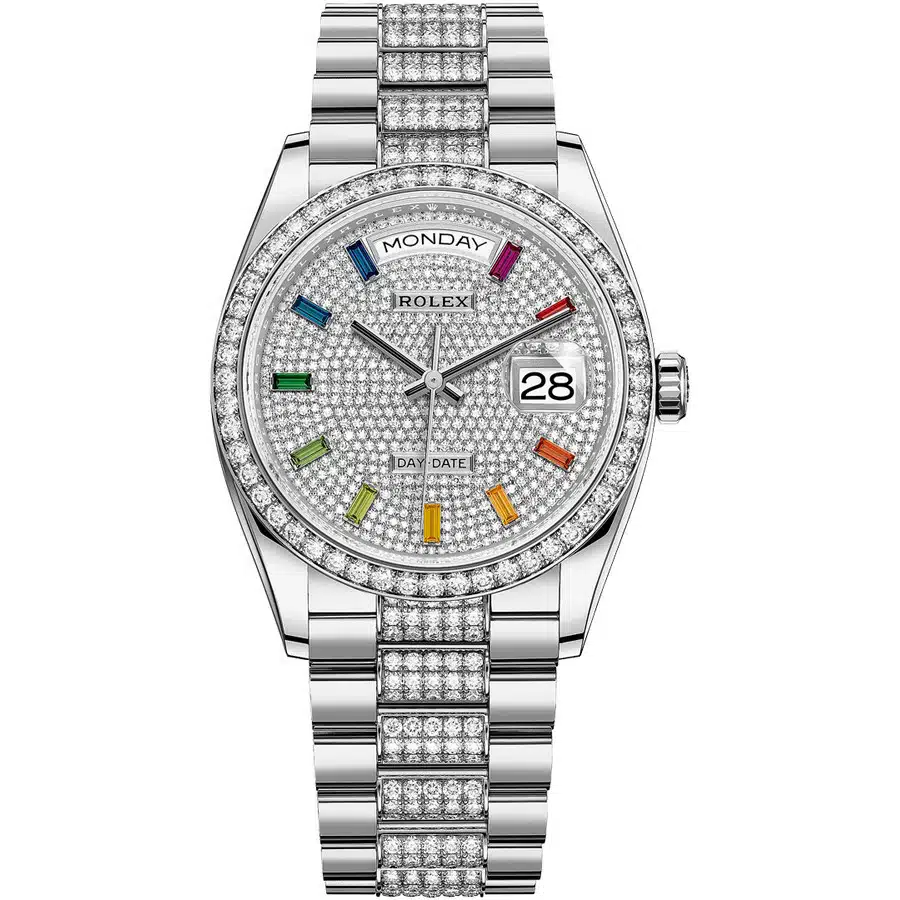 Rolex Day Date 128349rbr-0012 36mm Rose Gold with Pave Rainbow Diamond Dial Watch