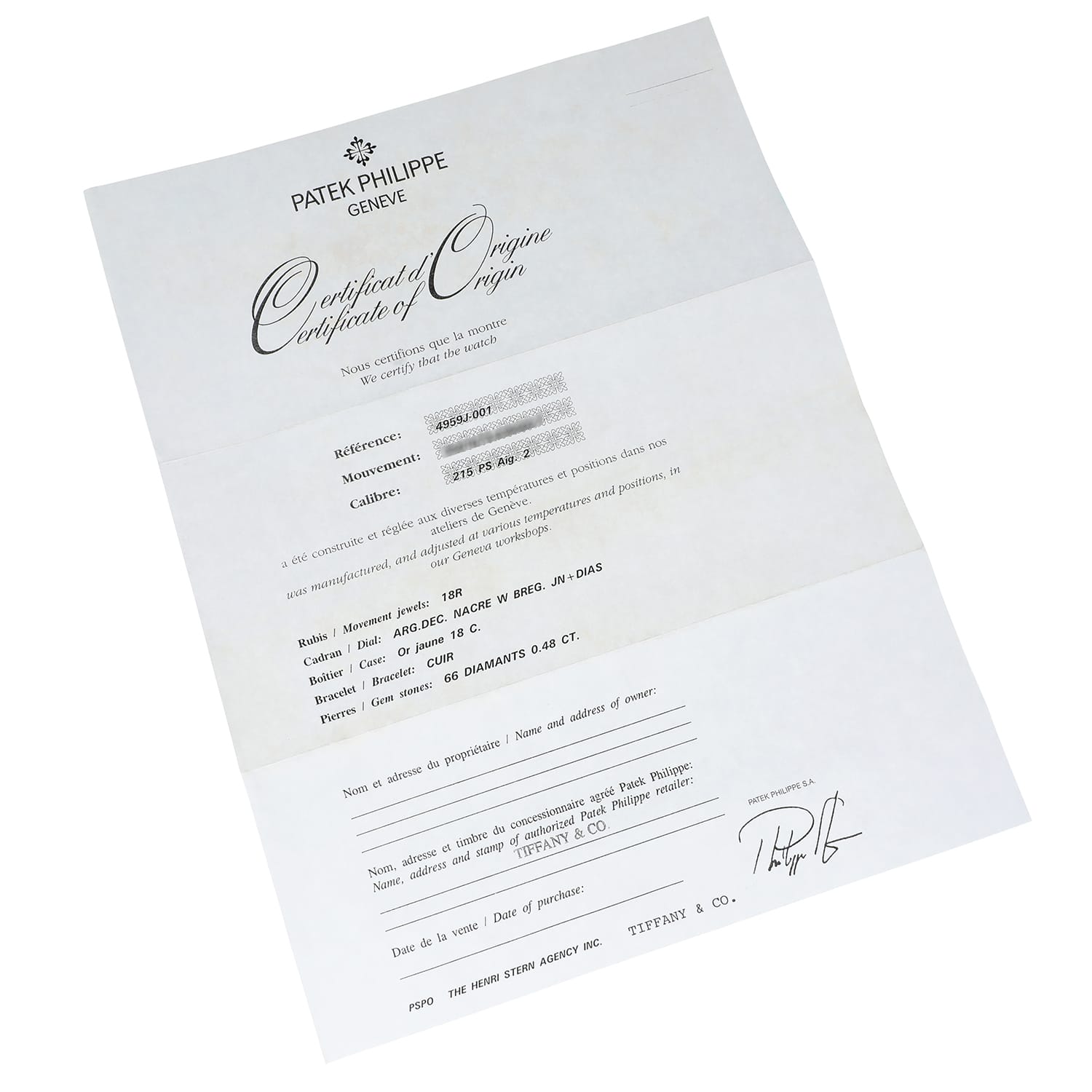 Patek Philippe Calatrava Yellow Gold 4959J-001 Mother Of Pearl Diamond Dial Tiffany