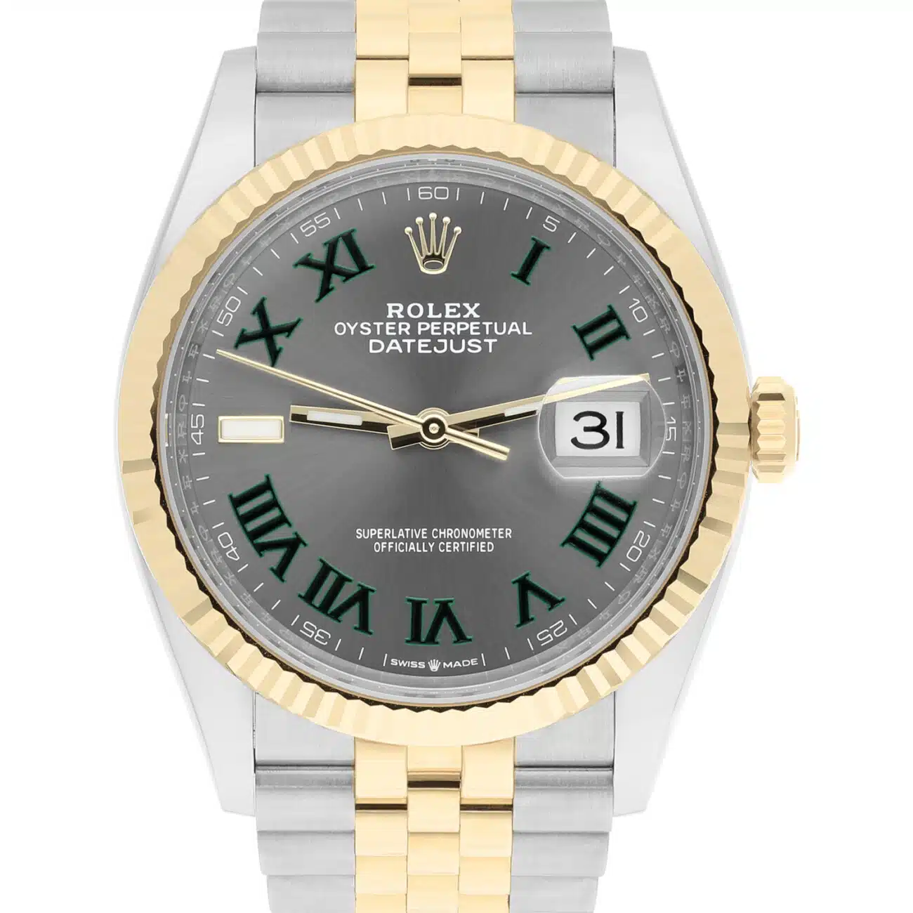 Rolex Datejust 36 Two-Tone Yellow Gold Fluted Bezel Wimbledon Dial B/P 126233