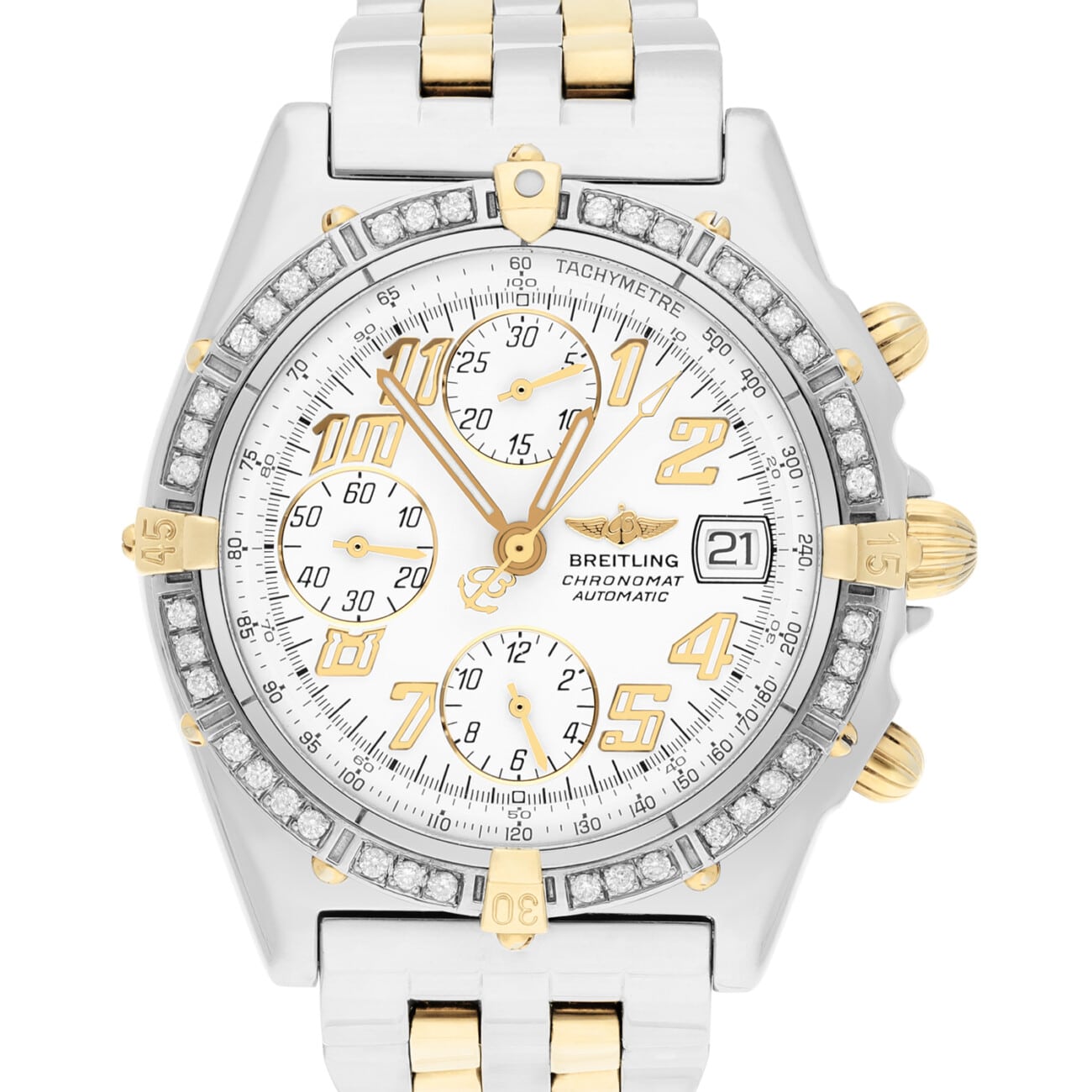 Breitling Blackbird Chronomat White Dial 39MM Steel & 18K Yellow Gold B13350 Diamond Bezel