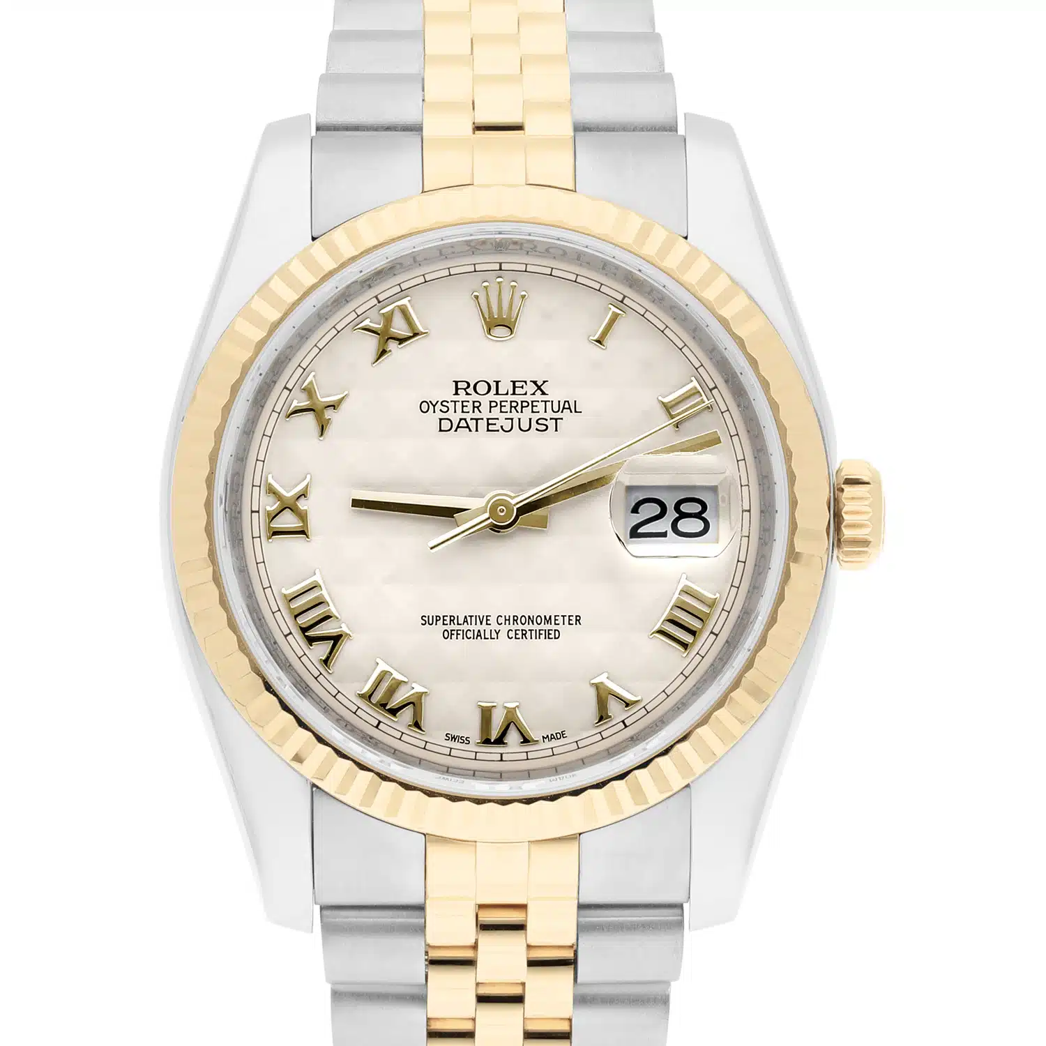 Rolex Datejust 36 Gold and Steel 116233 Ivory Pyramid Roman Dial Jubilee Watch