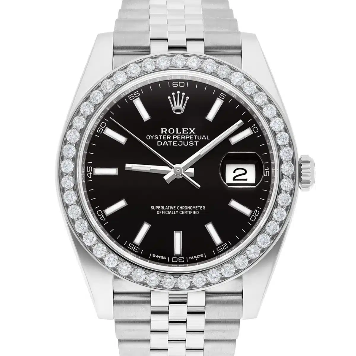 Rolex Datejust 41 Steel Watch Black Index Dial Diamonds Mens Jubilee Band 126300