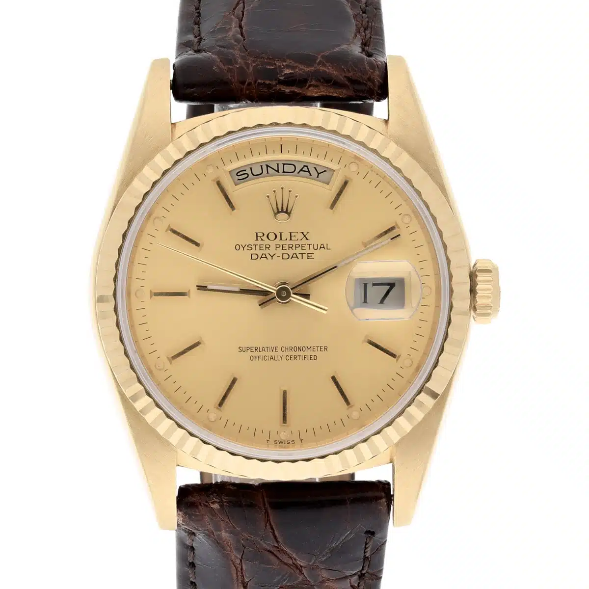 Rolex Day-Date 18238 36mm 18K Yellow Gold Watch Fluted Bezel Champagne Dial