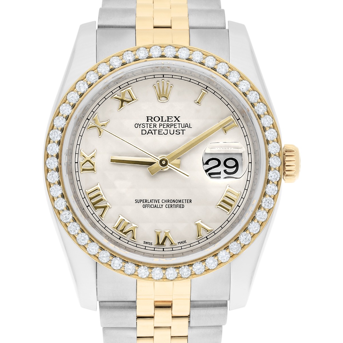 Rolex Datejust 36 Diamond Gold and Steel 116233 Ivory Pyramid Dial Jubilee Watch
