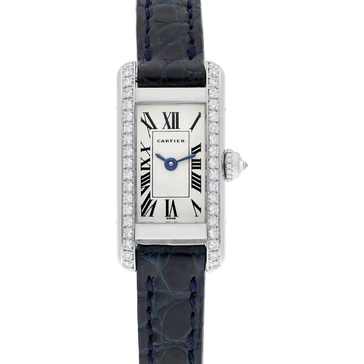 Cartier Tank Louis Cartier Mini White Gold Diamond Ladies Watch on Leather Strap 1381