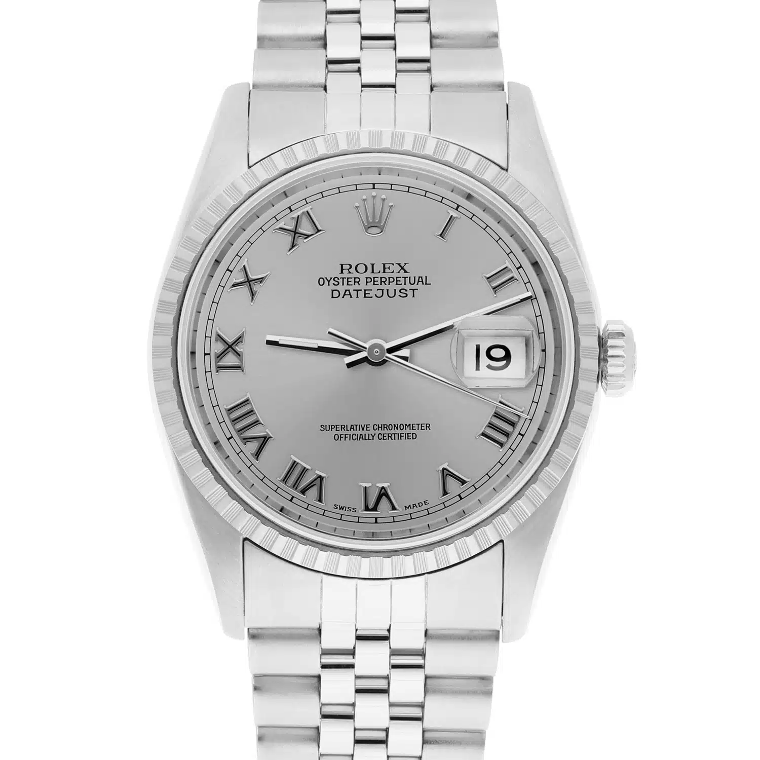Rolex Datejust 36mm Stainless Steel Watch Silver Roman Dial 16220 Circa 1997