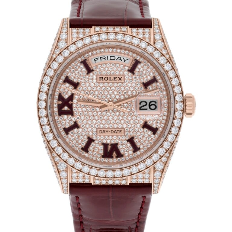 Rolex DayDate 36mm 18K Rose Gold Diamond Bezel Pave Diamond Roman Dial 128155RBR