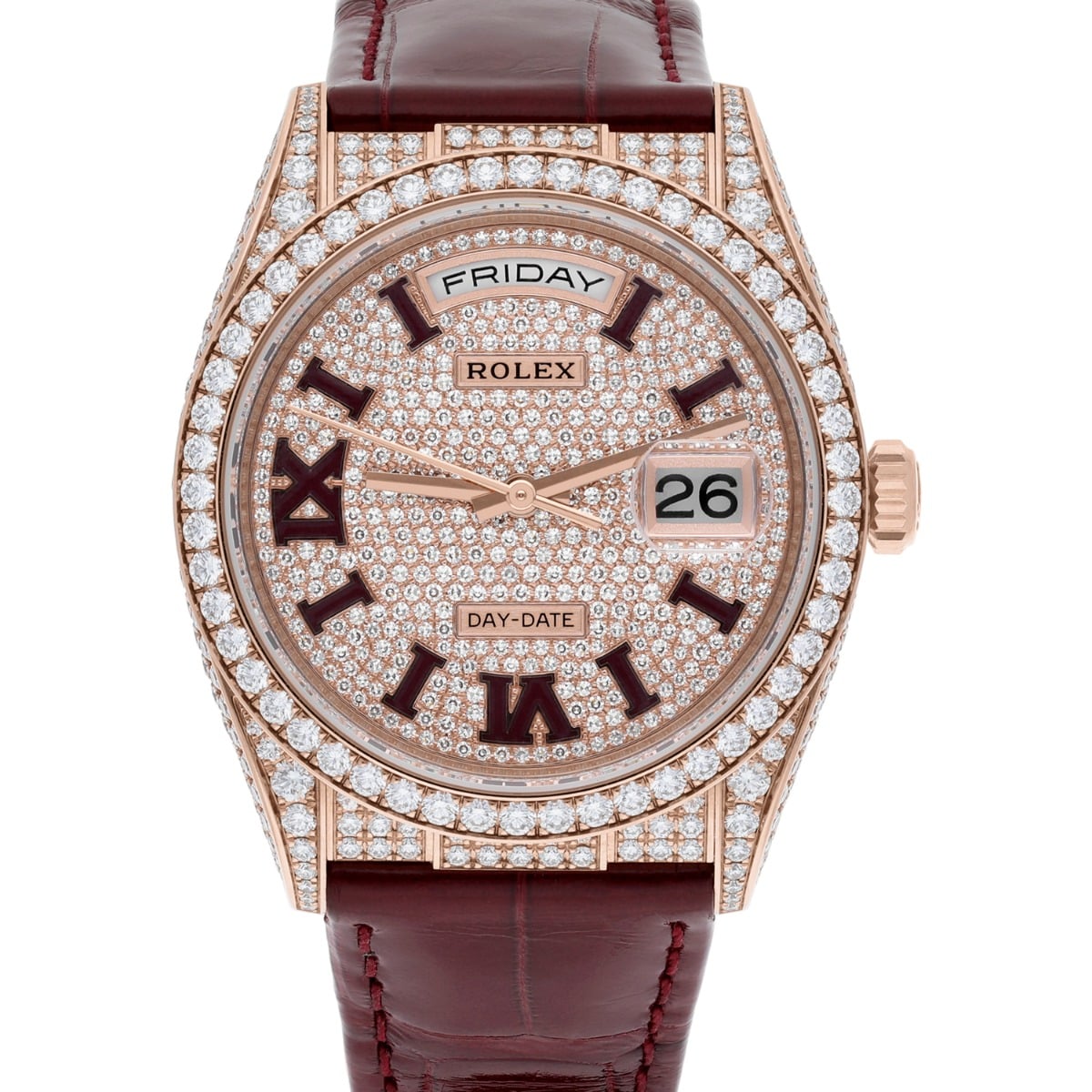 Rolex DayDate 36mm 18K Rose Gold Diamond Bezel Pave Diamond Roman Dial 128155RBR