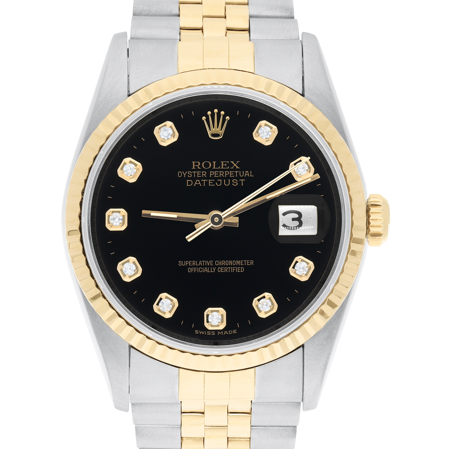Rolex Datejust 36mm Two Tone Dark Black Diamond Dial Jubilee 16233 Circa - 1993