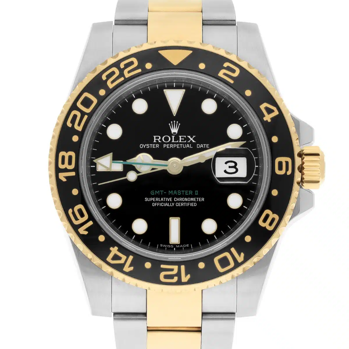 Rolex GMT-Master II 116713LN steel and yellow gold watch, black dial, wrist view