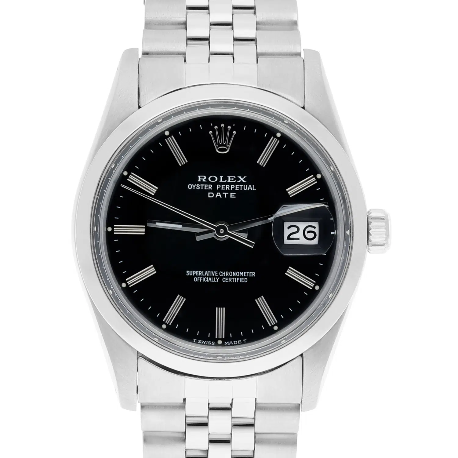 Rolex Oyster Perpetual Date Stainless Steel Watch Jubilee Band Black Index Dial 15000