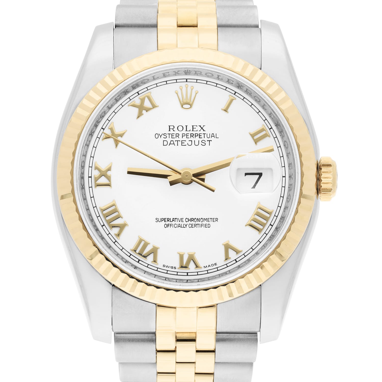 Rolex Datejust 36 Gold & Steel 116233 Watch White Roman Dial Jubilee Watch
