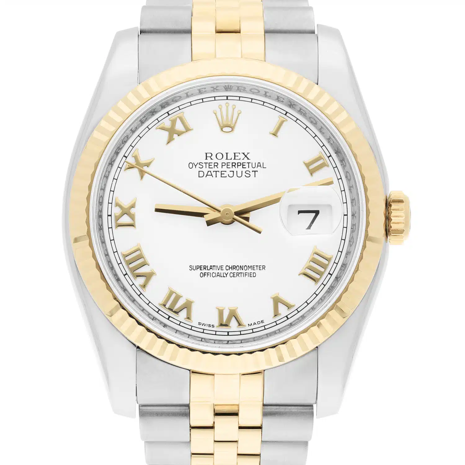 Rolex Datejust 36 Gold & Steel 116233 Watch White Roman Dial Jubilee Watch