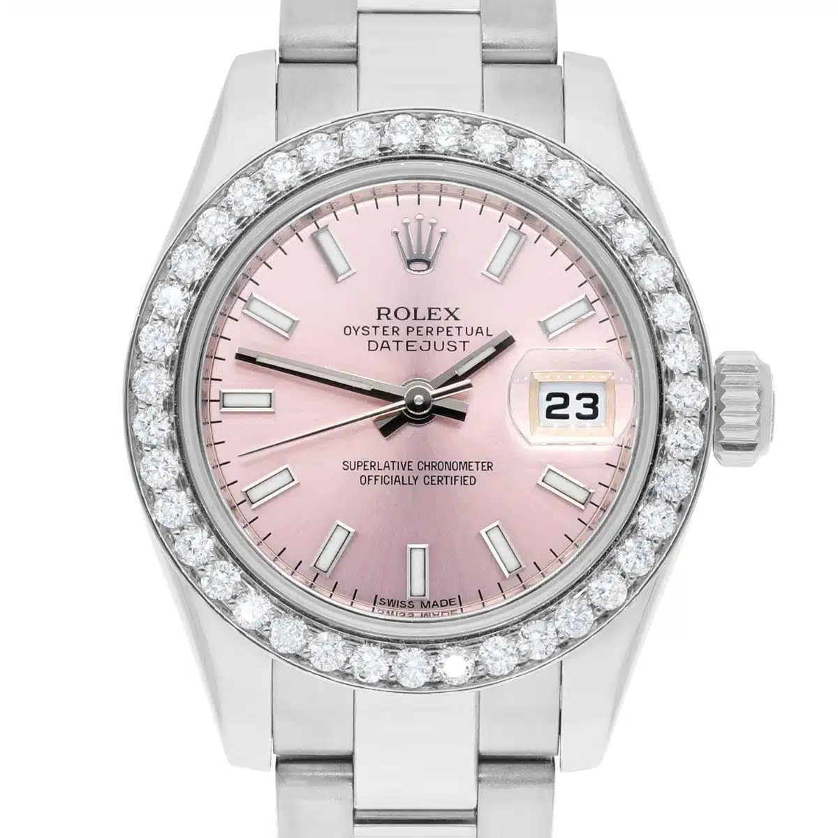 Rolex Datejust 179160 26 mm Pink Index Dial Diamond Bezel Oyster Band Steel Watch