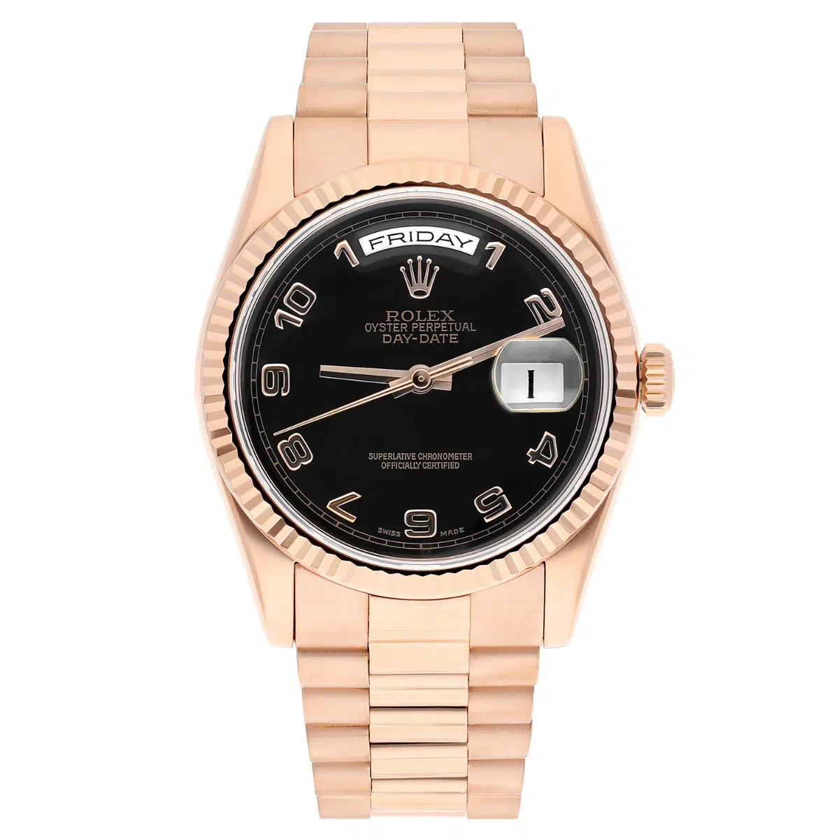 Rolex Day-Date 36mm 118235-0018 Rose Gold Watch with Presidential Band Black Dial – image 2