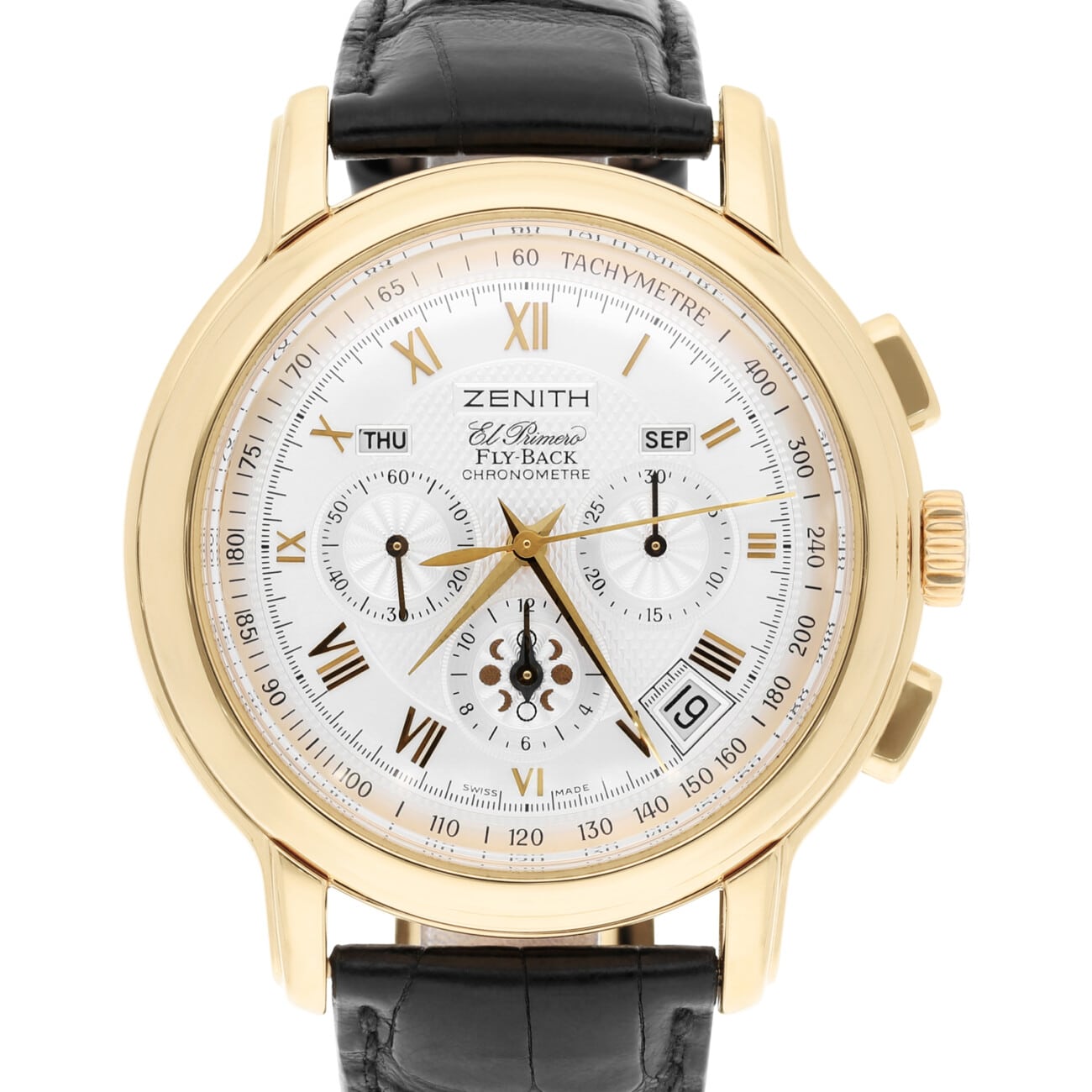 Zenith El Primero Fly-Back Y/G Automatic Silver Dial Mens Watch Leather Band 35.1250.4009/01.C495