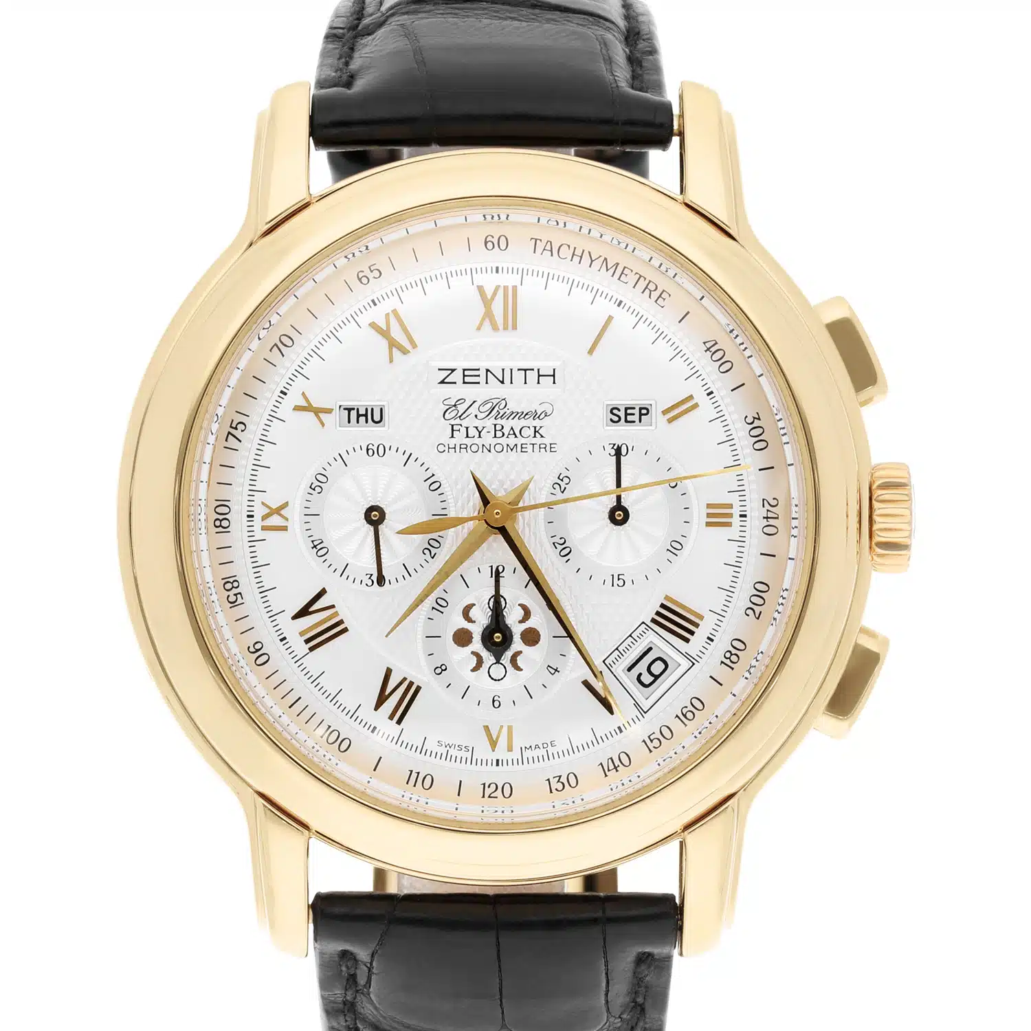Zenith El Primero Fly-Back Y/G Automatic Silver Dial Mens Watch Leather Band 35.1250.4009/01.C495