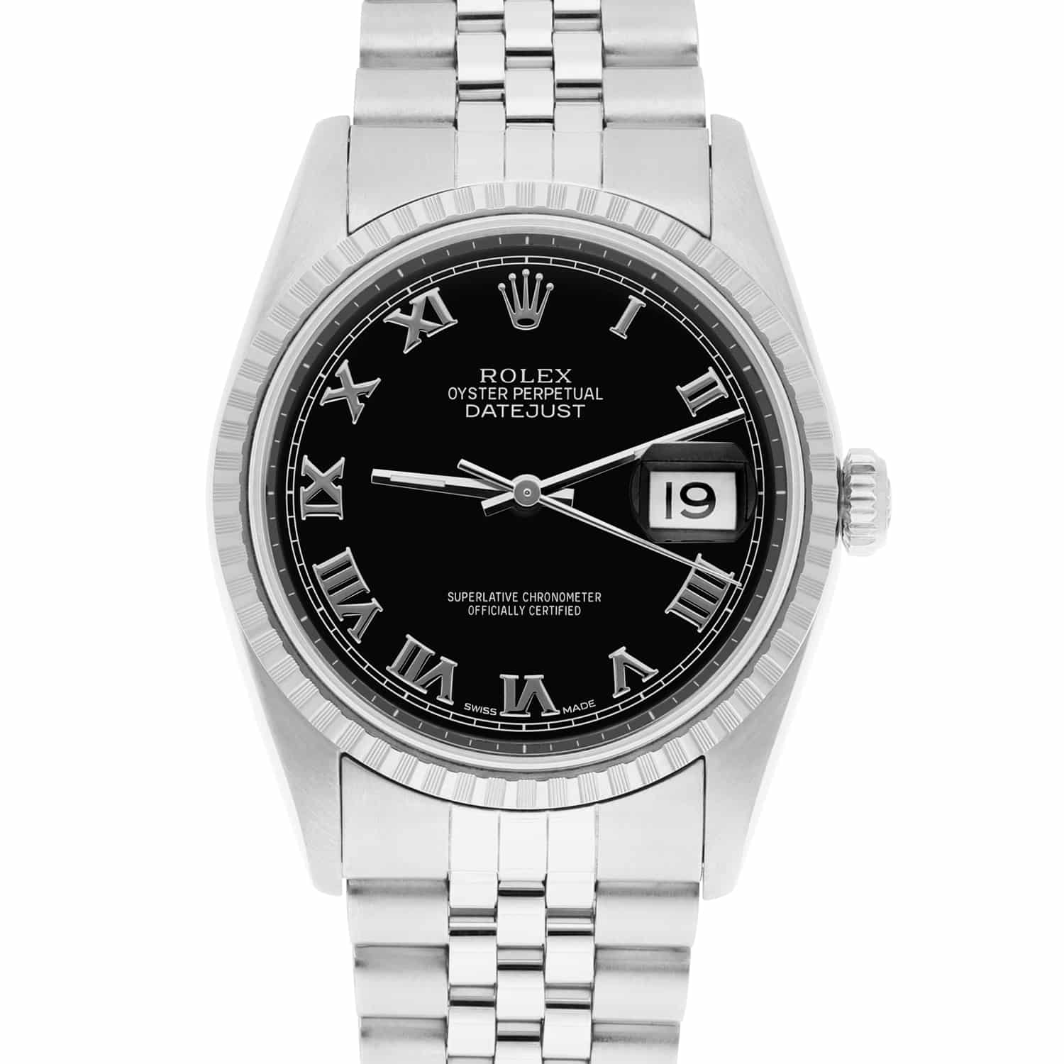 Rolex Datejust 36mm Stainless Steel Watch Black Roman Dial 16220 Circa 2002