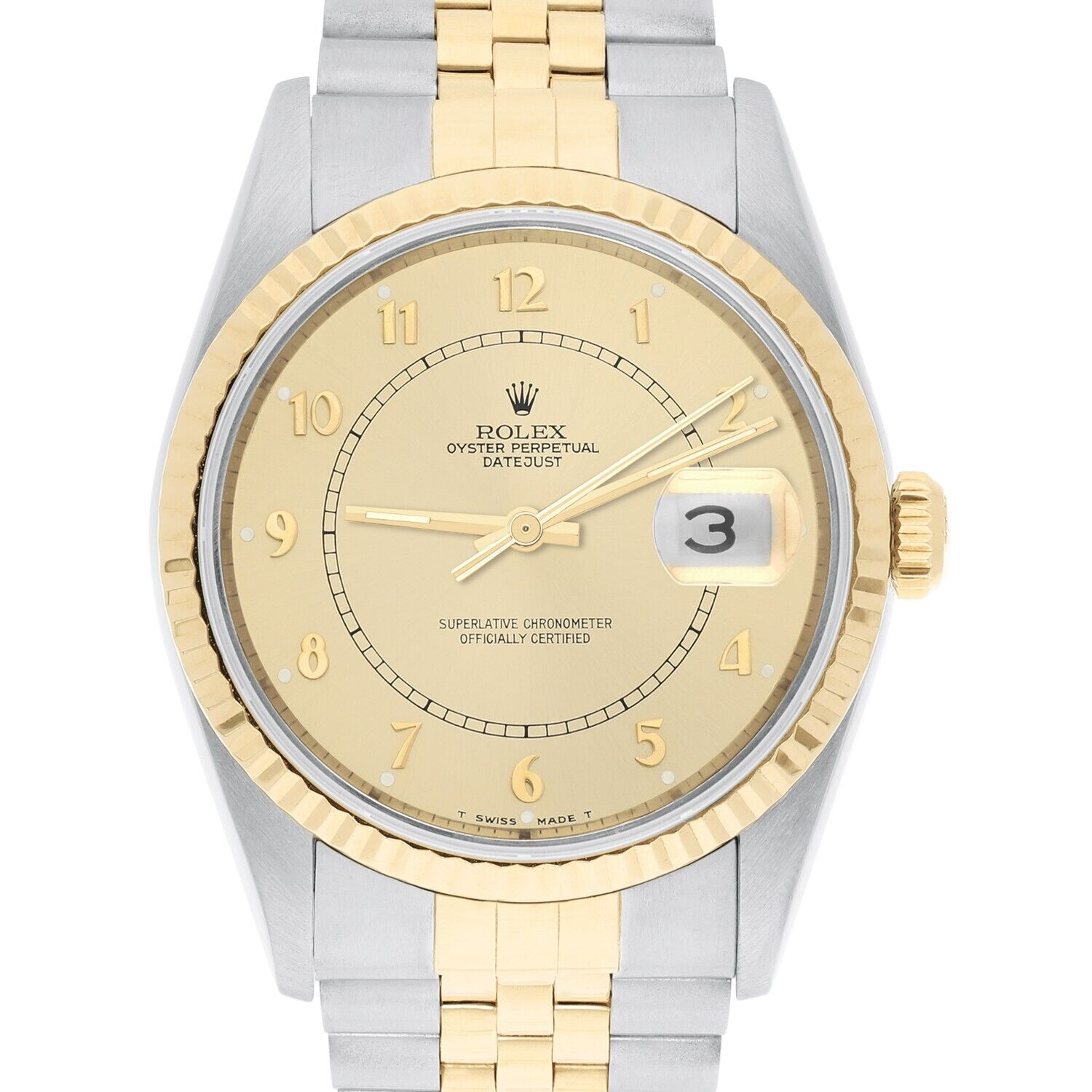 Rolex Datejust 36mm Two Tone Champagne Arabic Dial Jubilee 16233 Circa 2002 B/P