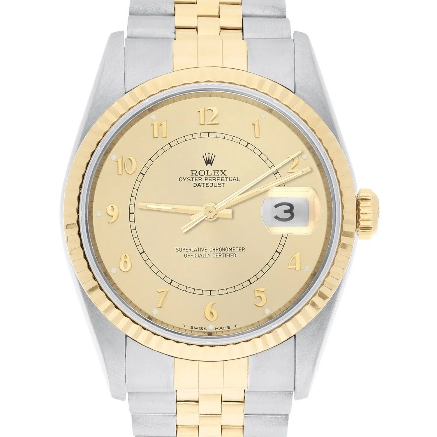 Rolex Datejust 36mm Two Tone Champagne Arabic Dial Jubilee 16233 Circa 2002 B/P