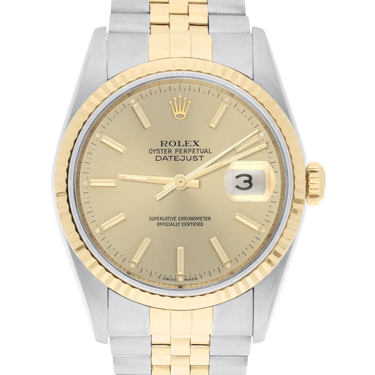 Rolex Datejust 36mm Two Tone Champagne Index Dial Jubilee 16233 Circa 2001 B/P