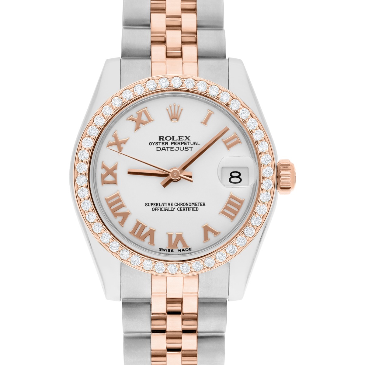 Rolex Datejust 31mm 18k Rose Gold/Steel Watch White Roman Dial Diamonds 178271